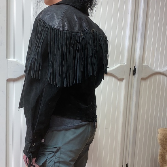 90s Western Fringe Black Leather Jacket M Vintage Cowgirl - Picture 3 of 9